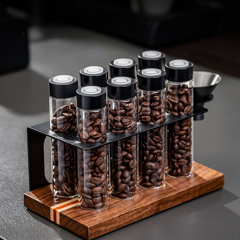 Kitchen Appliances Organizer - ขวดแก้วเก็บเมล็ดกาแฟ JUSTINLAU พร้อมวาล์วปิดผนึก 1 ทาง ชั้นวางไม้พร้อมกรวย