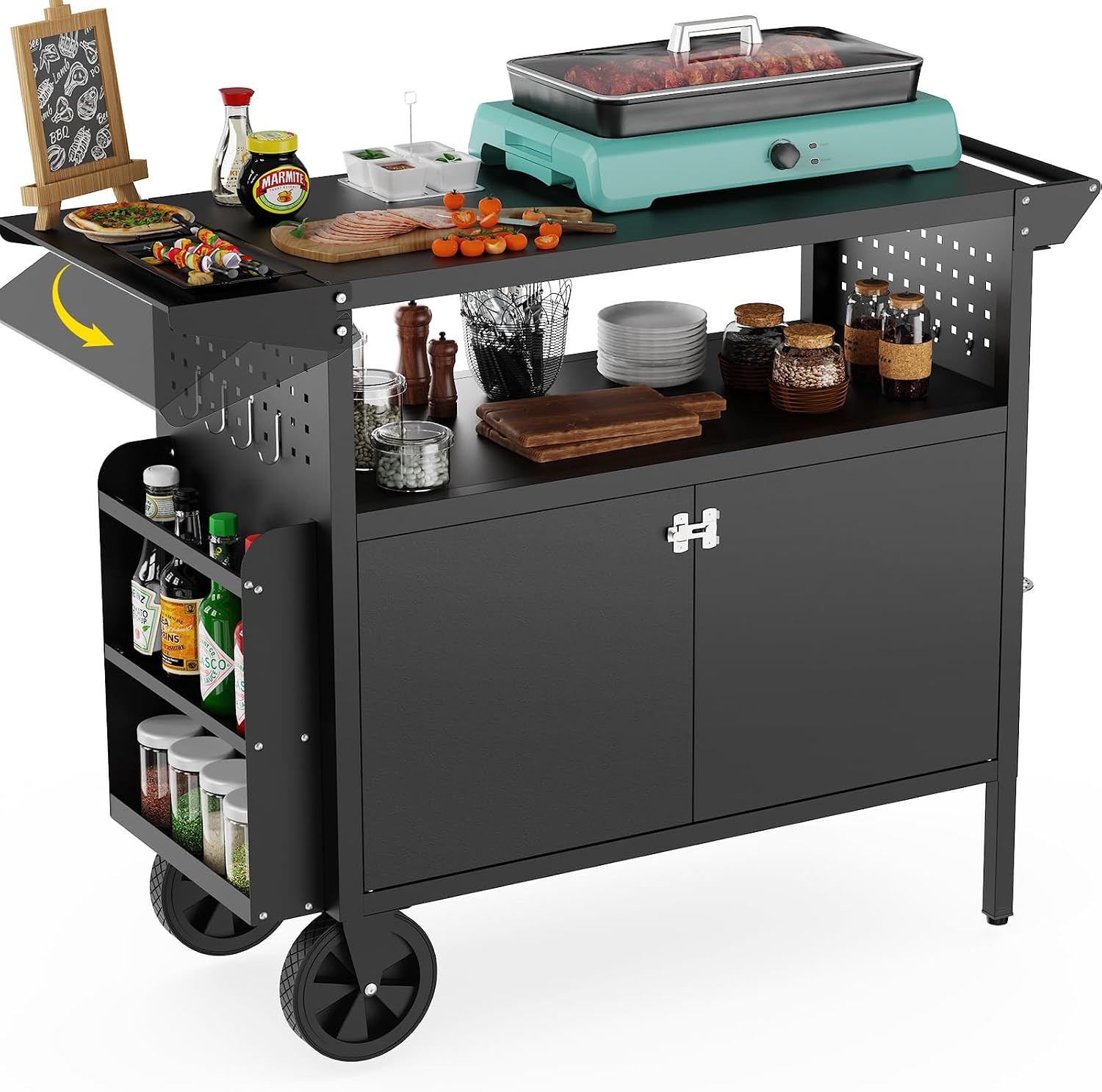 Kitchen Appliances Organizer - รถเข็นปิ้งย่างกลางแจ้งพร้อมโต๊ะเก็บของ ชุดครัวเคลื่อนที่พร้อมล้อ โต๊ะพับได้สำหรับเตรียมอาหารบาร์บีคิว หน้าโต๊ะเหล็กแข็งแรงทนทานสำหรับลานบ้านและแคมป์ปิ้ง